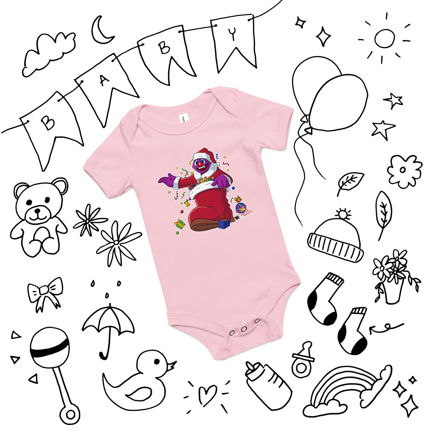 Santa Cupcake Monster in the Christmas Stocking Cupcake Baby Onesies