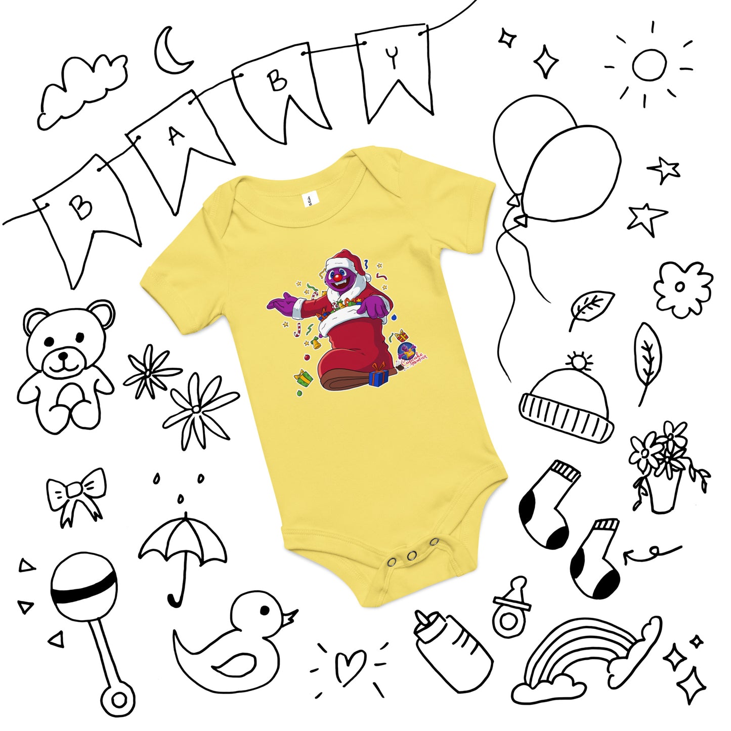 Santa Cupcake Monster in the Christmas Stocking Cupcake Baby Onesies